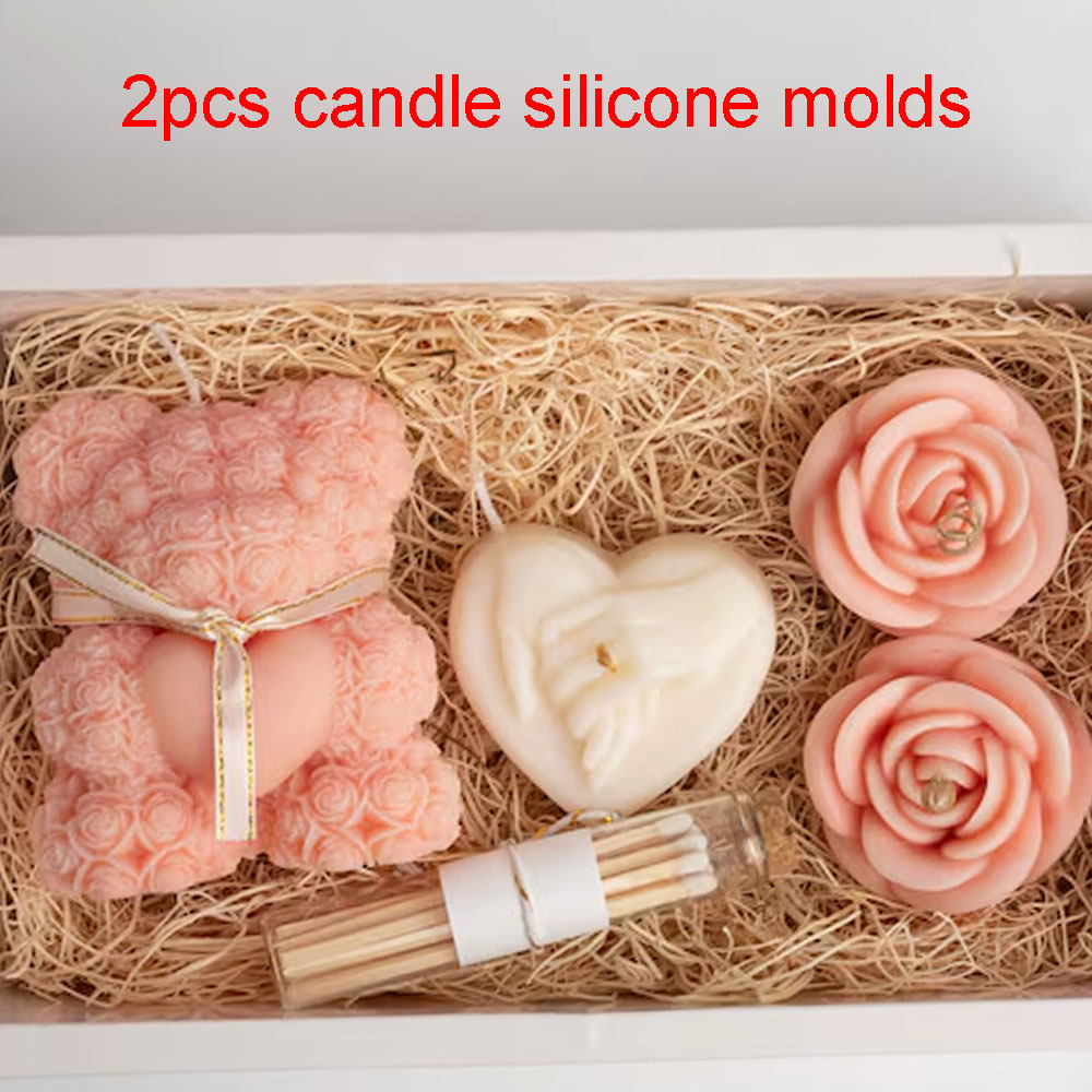 Candle Making Kits - ตุ๊กตาหมีความร้อน Rose ซิลิโคนเทียนแม่พิมพ์ 3 ชิ้นบรรเทามือรักเทียนหอมทําชุด DIY